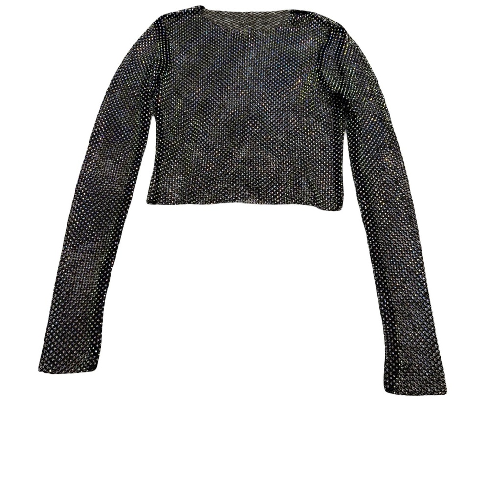 ✨🖤 Y2K Hologram Rhinestone Mesh Long Sleeve Crop Top XS–S Sparkle 🖤✨‎